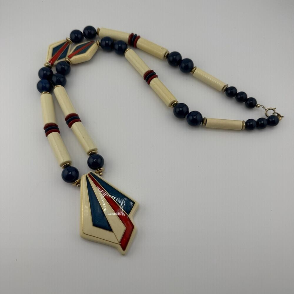 Vintage Japan Patriotic Necklace 29” Red White Blue Art Deco Geometric Pendant